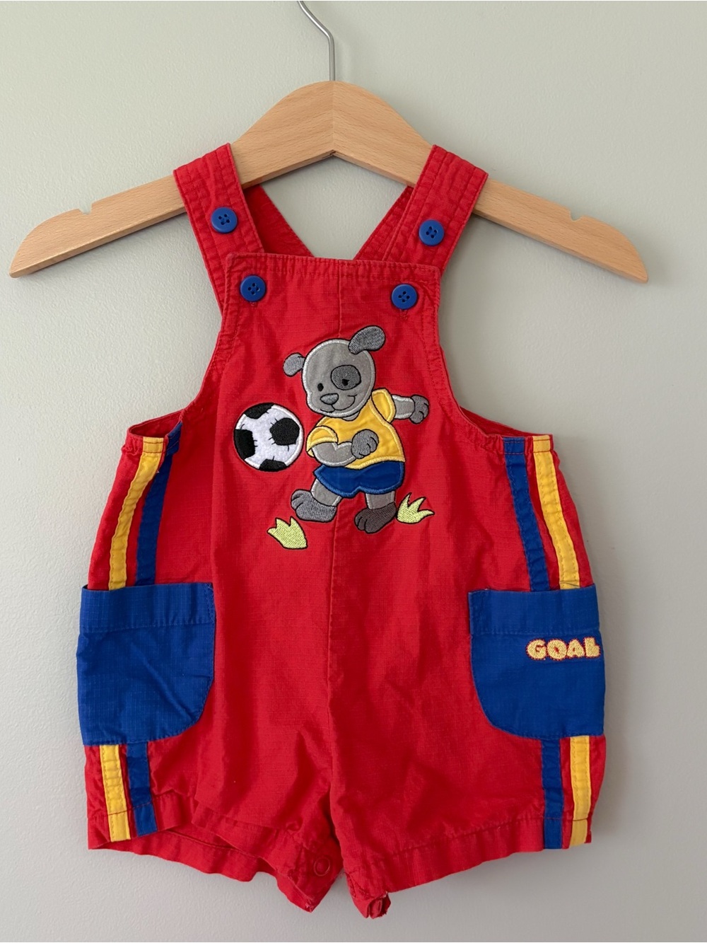 VTG y2k Red Puppy Soccer Shortalls with Blue Pocket Accents